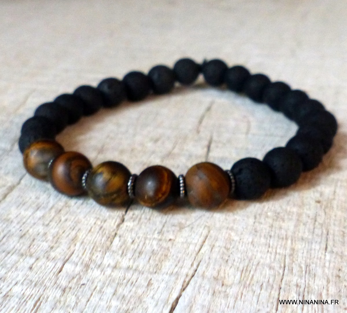 Joli bracelet Homme Œil de Tigre - pierre de lave rondes - bijou zen